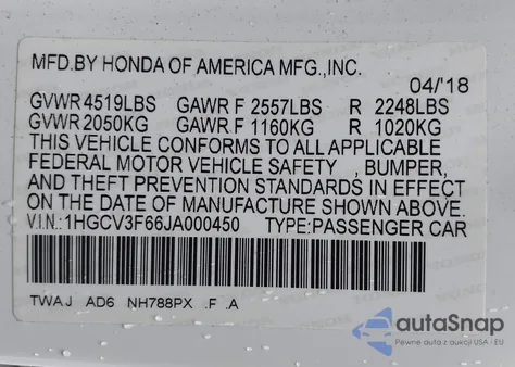 2018 Honda Accord Hybrid Ex-L из США, поврежденный, VIN 1HGCV3F66JA000450